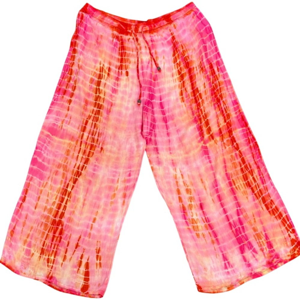 CAL STYLE || WIDE LEG W/DRAWSTRING || ORANGE HOT PINK YELLOW TYE DYE || SIZE: L